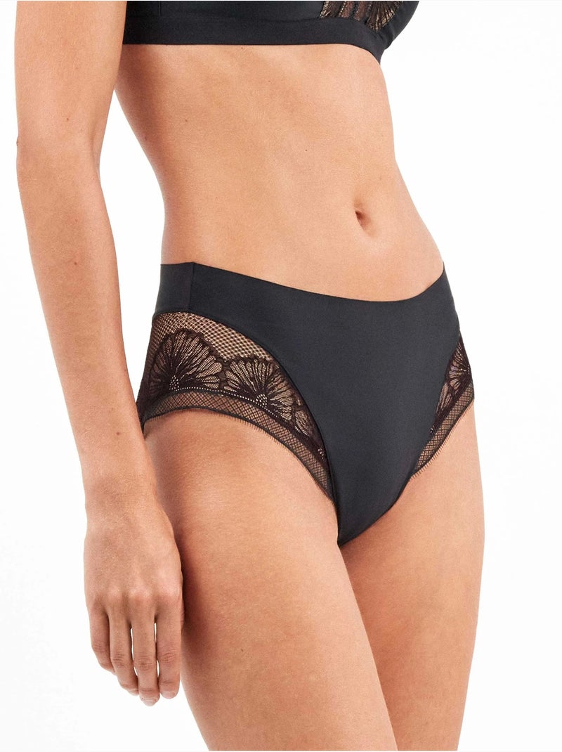 Braga alta sin costuras efecto tanga de microfibra y encaje floral Negro - Kiabi