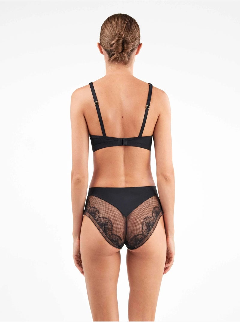 Braga alta sin costuras efecto tanga de microfibra y encaje floral Negro - Kiabi