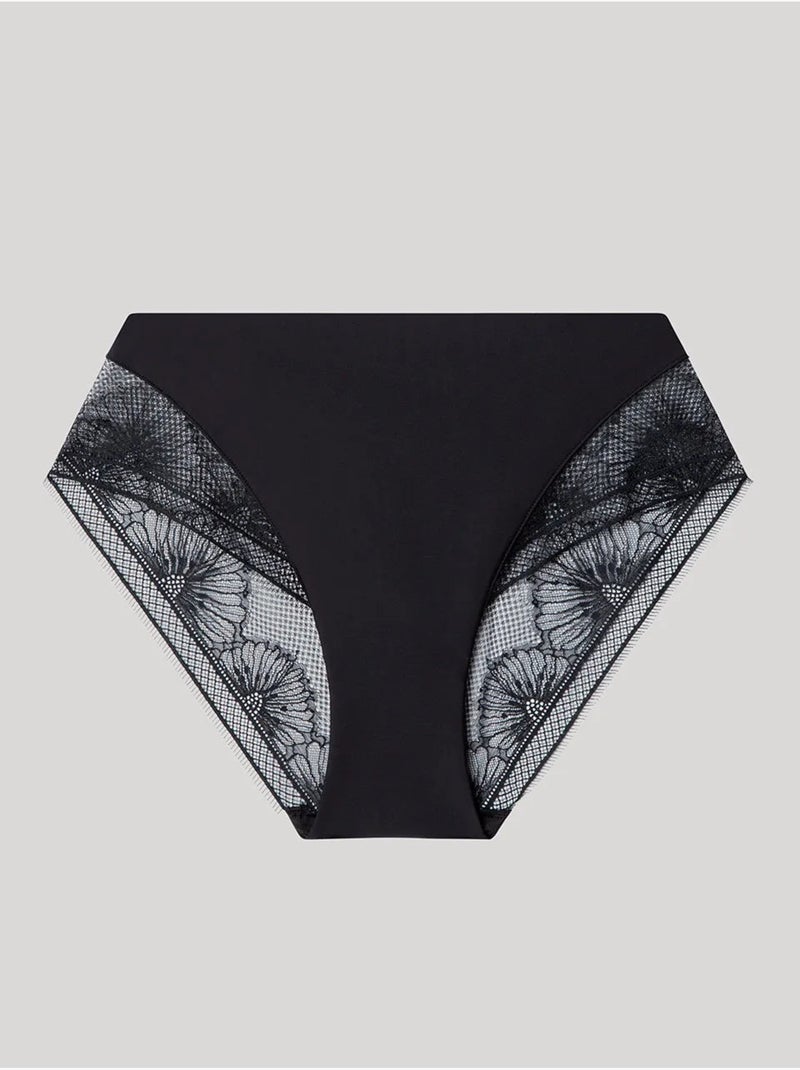 Braga alta sin costuras efecto tanga de microfibra y encaje floral Negro - Kiabi