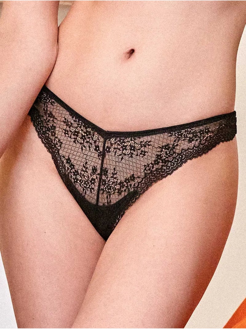 Braga brasileña de encaje floral con tiras cruzadas traseras Negro - Kiabi