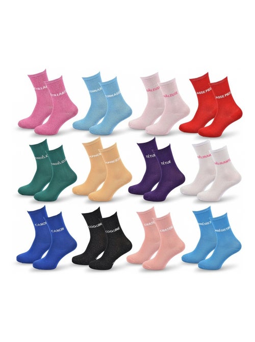 Calcetines con lentejuelas Mujer Mensaje Humorístico Pack de 12 Pares sorpresa - Kiabi Calcetines con lentejuelas Mujer Mensaje Humorístico Pack de 12 Pares sorpresa - Kiabi