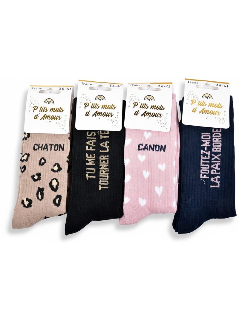 Calcetines con purpurina para mujer con mensaje humorístico. Paquete de 4 pares Negro Marrón - Kiabi