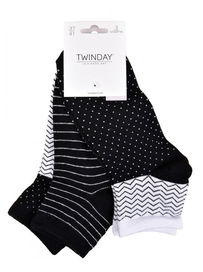 Calcetines Cortos mujer TWINDAY - Pack de 6 Negro Negro Blanco - Kiabi