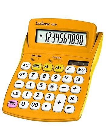 Calculadora de bolsillo amarilla de 10 dígitos con ángulo de pantalla ajustable y acabado de goma