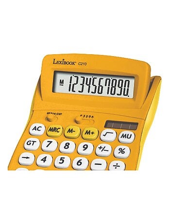 Calculadora de bolsillo amarilla de 10 dígitos con ángulo de pantalla ajustable y acabado de goma