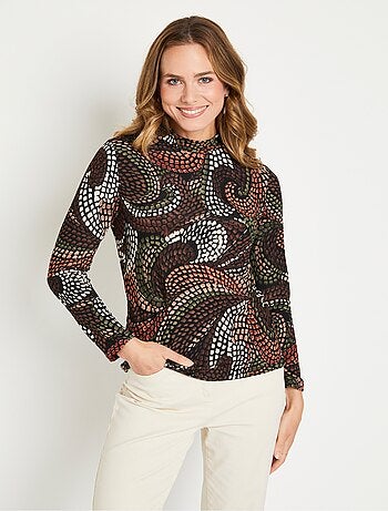 Cálida camiseta corta con cuello alto gráfico - afibel