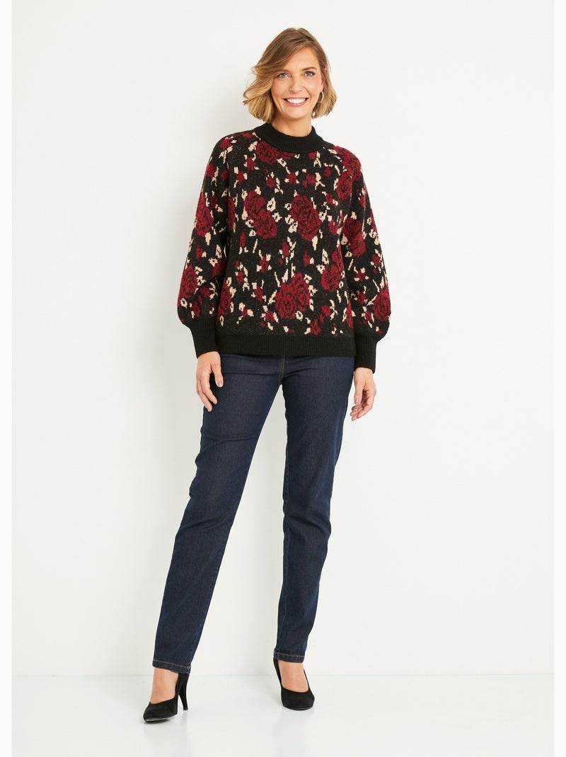 Cálido jersey raglán de cuello alto en jacquard floral - Afibel Negro Rojo - Kiabi