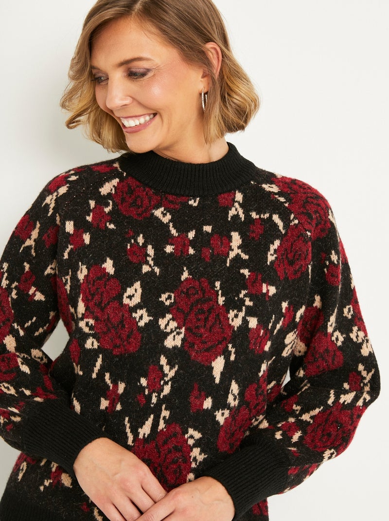 Cálido jersey raglán de cuello alto en jacquard floral - Afibel Negro Rojo - Kiabi