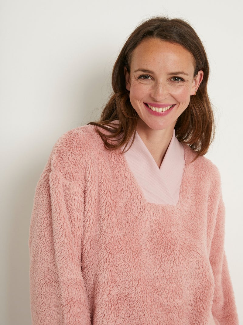 Cálido pijama con cuello de pico y mangas largas de felpa - Afibel Rosa viejo - Kiabi