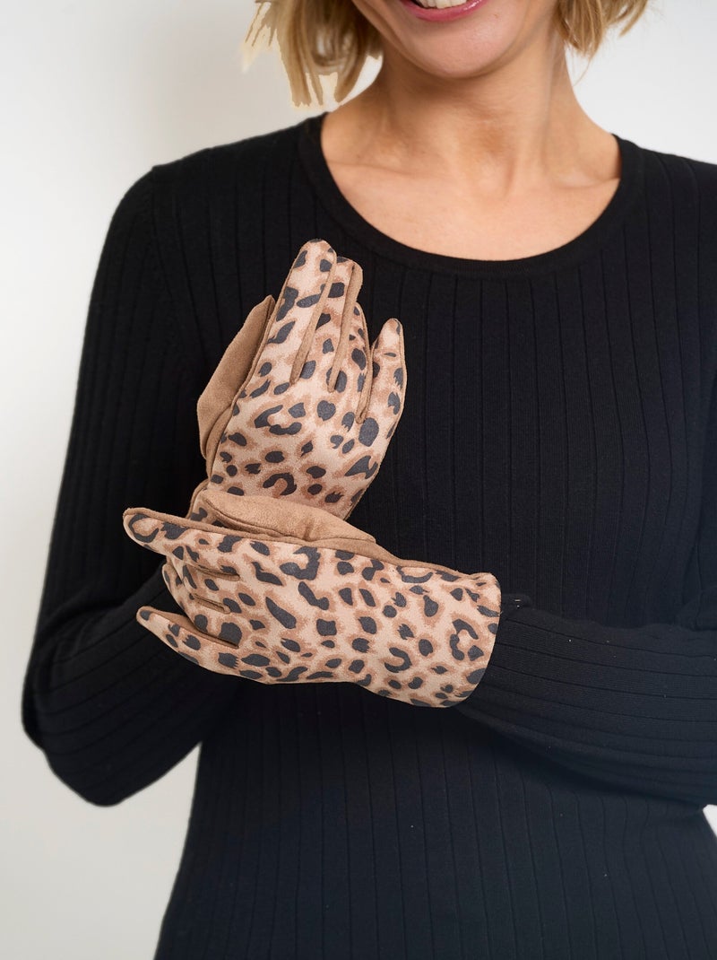 Cálidos guantes lisos y con estampado de leopardo - AFIBEL Camel - Kiabi