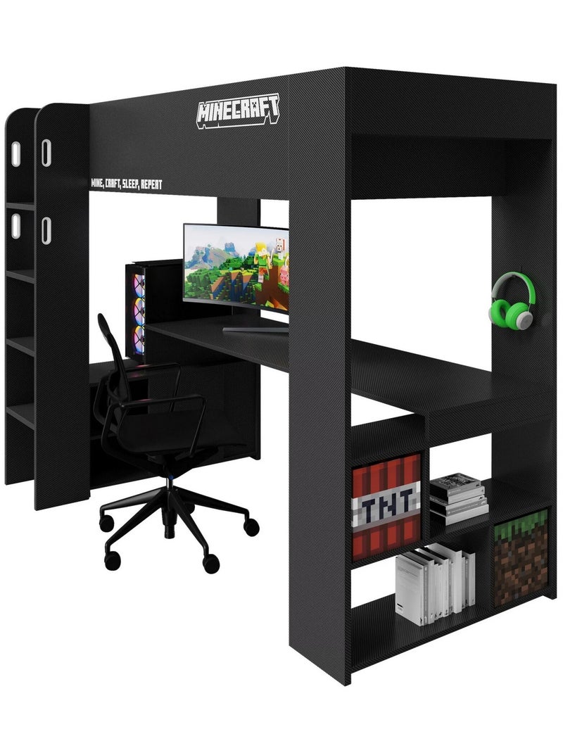 Cama alta con escritorio y luz LED 'Roba' - Minecraft Negro - Kiabi