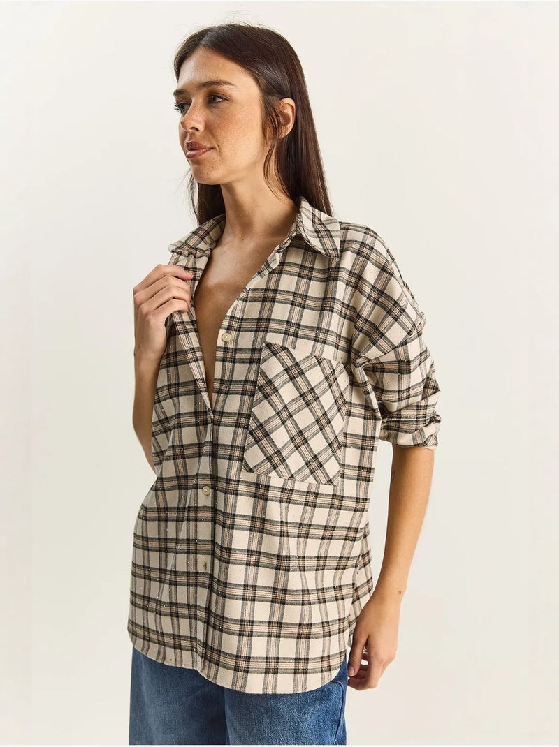 Camisa a cuadros de manga larga extragrande con bolsillo lucci Beige arcilla - Kiabi