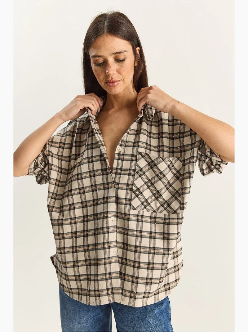 Camisa a cuadros de manga larga extragrande con bolsillo lucci Beige arcilla - Kiabi