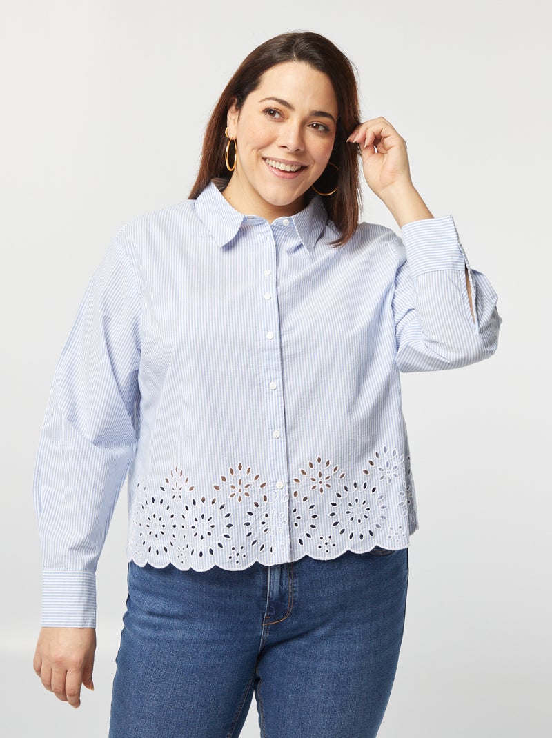 Camisa a rayas con bordados calados AZUL - Kiabi