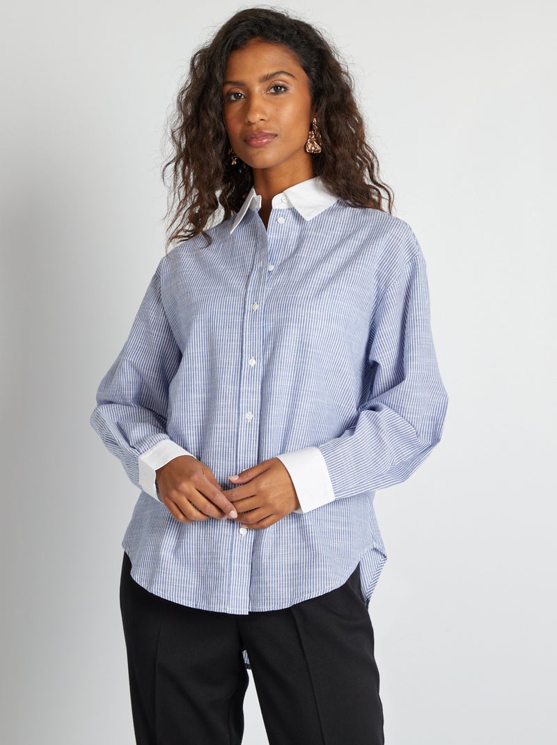 Camisa a rayas con cuello y puños en contraste AZUL - Kiabi