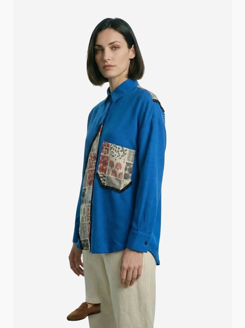 Camisa abotonada de mezcla de lino con estampado geométrico my fashion Azul cobalto - Kiabi