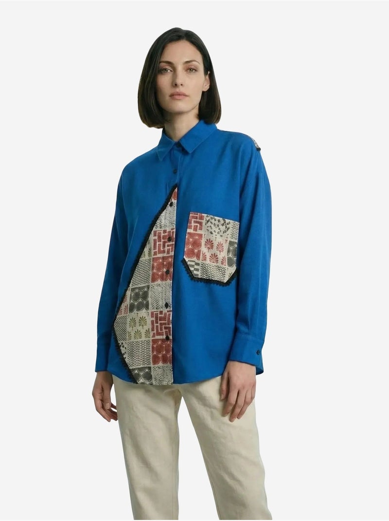 Camisa abotonada de mezcla de lino con estampado geométrico my fashion Azul cobalto - Kiabi
