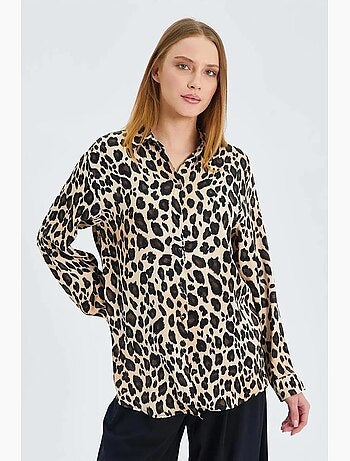 Camisa abotonada de satén con estampado de leopardo mixray