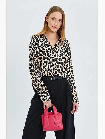 Camisa abotonada de satén con estampado de leopardo mixray