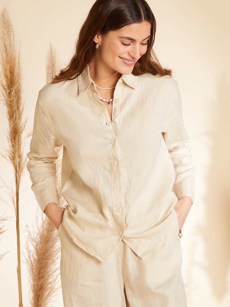 Camisa amplia de lino de manga larga BEIGE - Kiabi