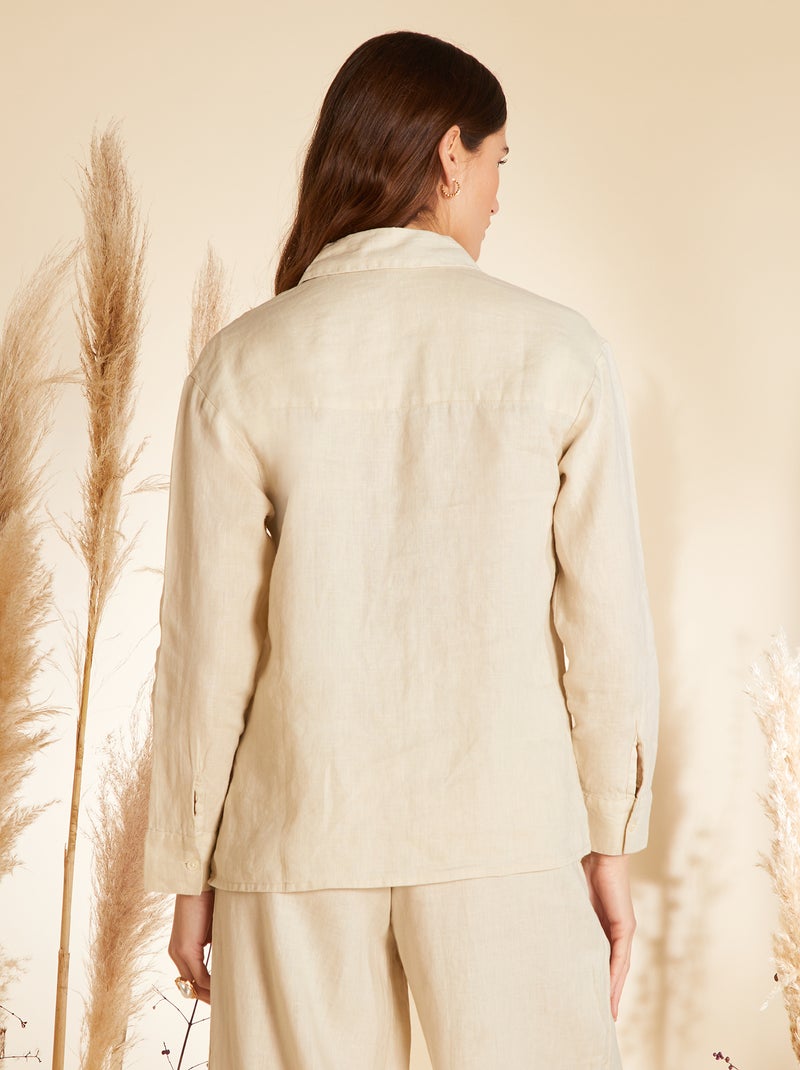Camisa amplia de lino de manga larga BEIGE - Kiabi