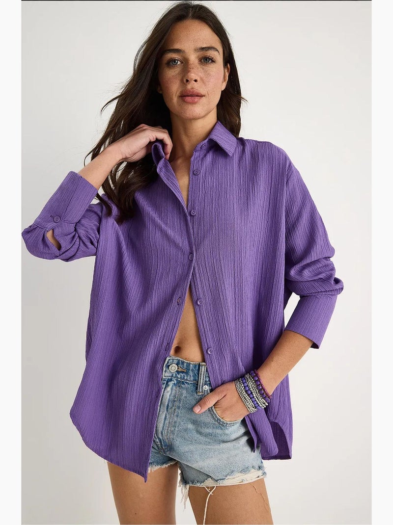 Camisa básica arrugada extragrande con hombros descubiertos lucci Azul lavanda - Kiabi