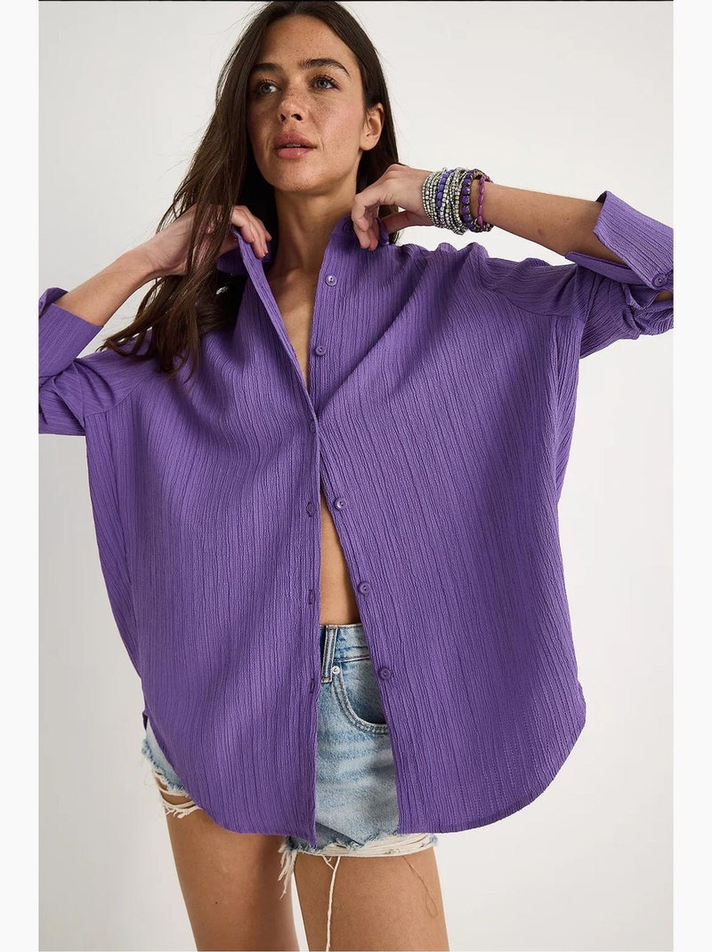 Camisa básica arrugada extragrande con hombros descubiertos lucci Azul lavanda - Kiabi