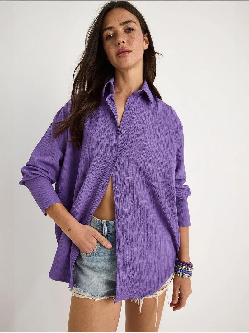 Camisa básica arrugada extragrande con hombros descubiertos lucci Azul lavanda - Kiabi
