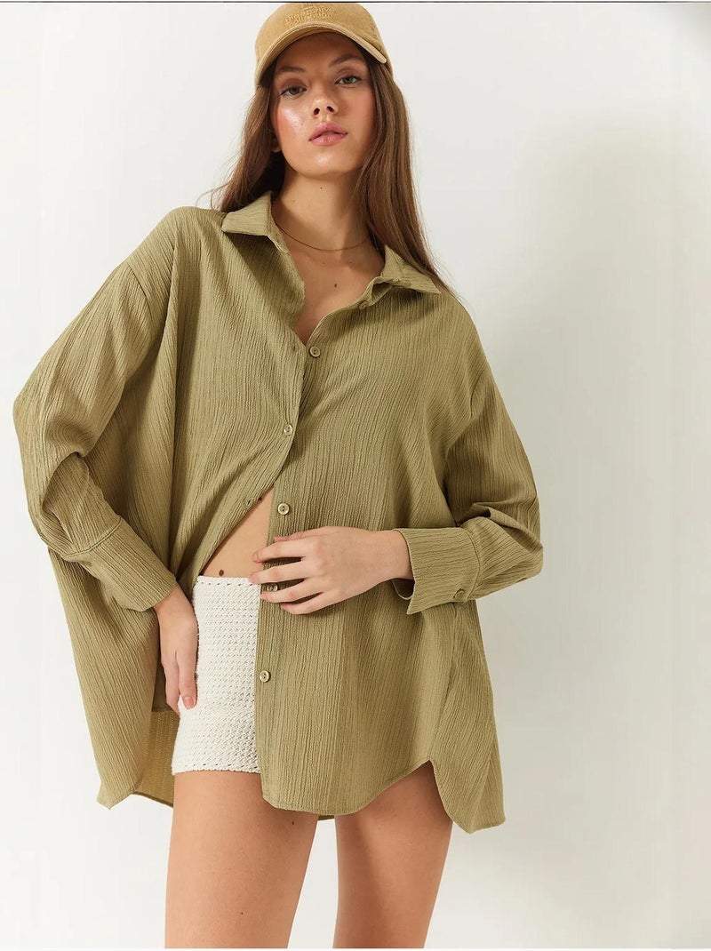 Camisa básica arrugada extragrande con hombros descubiertos lucci Caqui - Kiabi