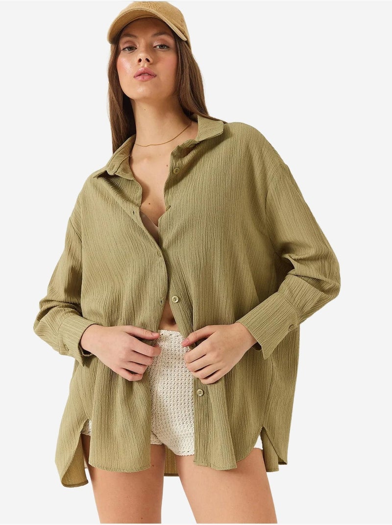 Camisa básica arrugada extragrande con hombros descubiertos lucci Caqui - Kiabi