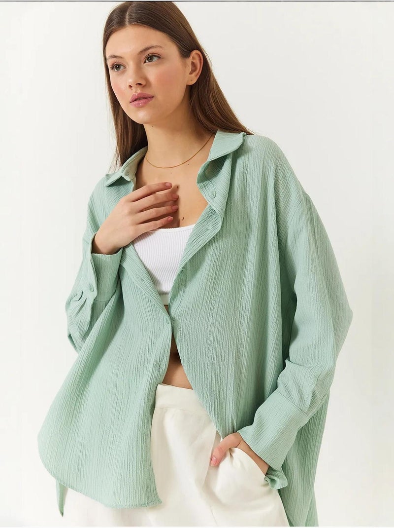 Camisa básica arrugada extragrande con hombros descubiertos lucci Verde menta - Kiabi