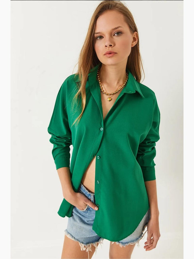 Camisa básica de manga larga con cierre de botones lucci Verde esmeralda - Kiabi