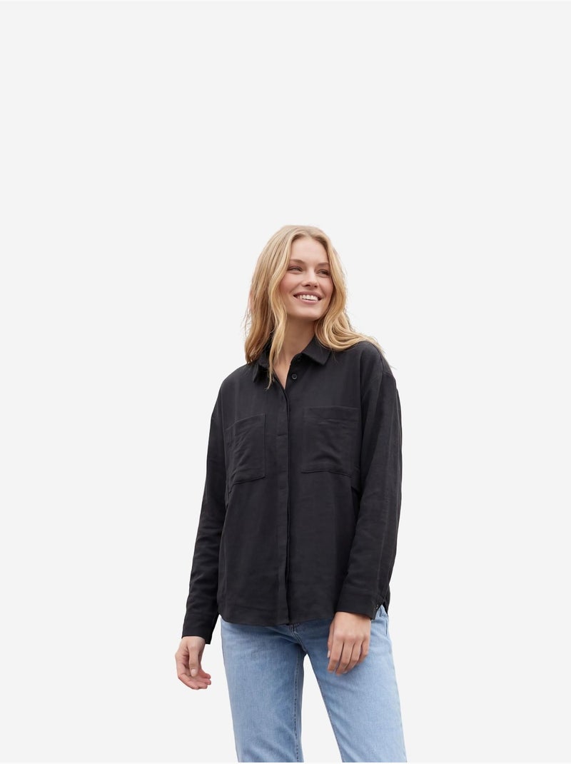 Camisa casual abotonada de mezcla de lino con bolsillo my fashion Negro - Kiabi