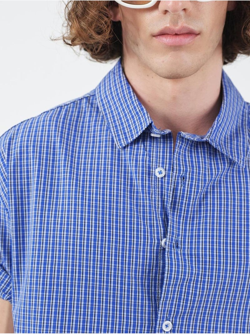 Camisa casual de cuadros con botones y manga corta giesto Azul eléctrico - Kiabi