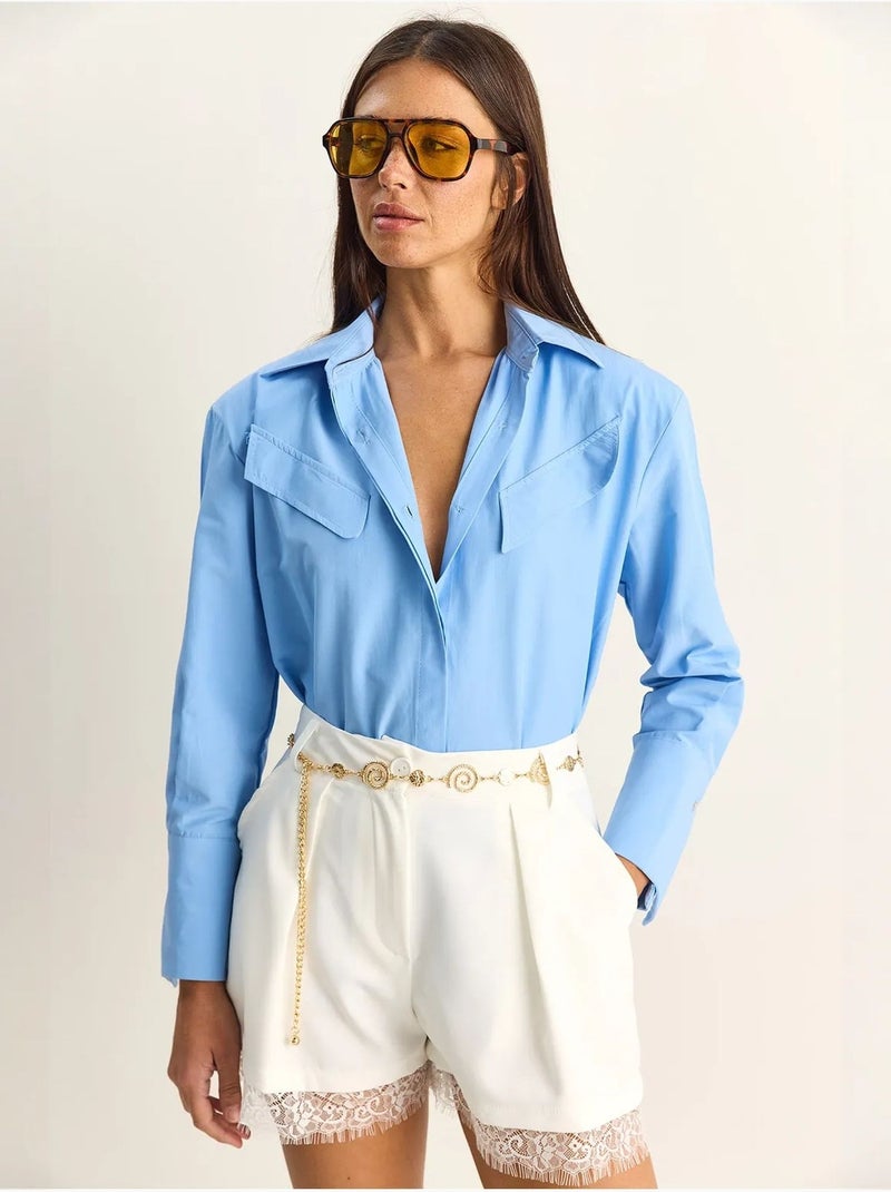 Camisa casual de popelín con botones, manga larga y bolsillo lucci Azul claro - Kiabi