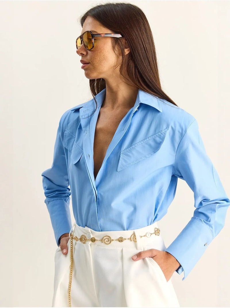 Camisa casual de popelín con botones, manga larga y bolsillo lucci Azul claro - Kiabi
