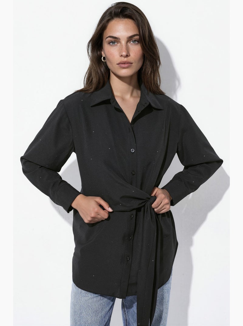 Camisa con apliques de strass y detalle de lazo hiccup Negro - Kiabi