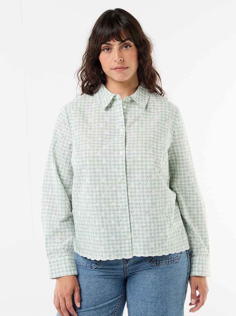 Camisa con bordado inglés y detalles ondulados Verde - Kiabi