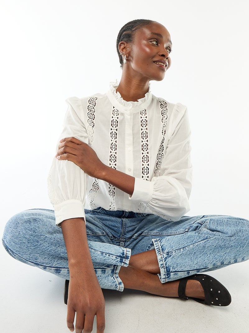 Camisa con bordados ingleses y volantes en el cuello Blanco - Kiabi