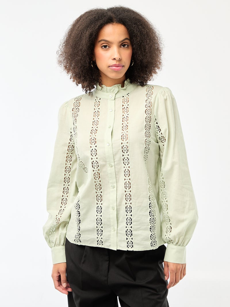 Camisa con bordados ingleses y volantes en el cuello Verde - Kiabi