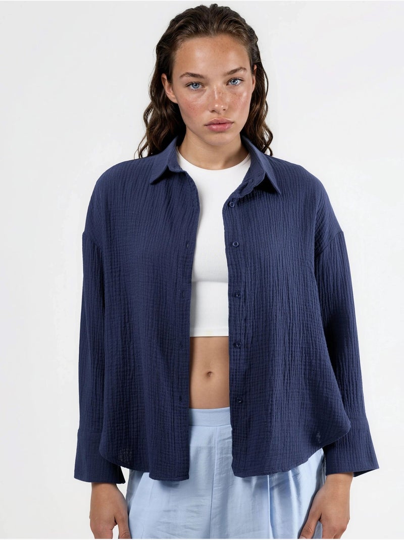 Camisa con botones de algodón texturizado busem Azul marino - Kiabi