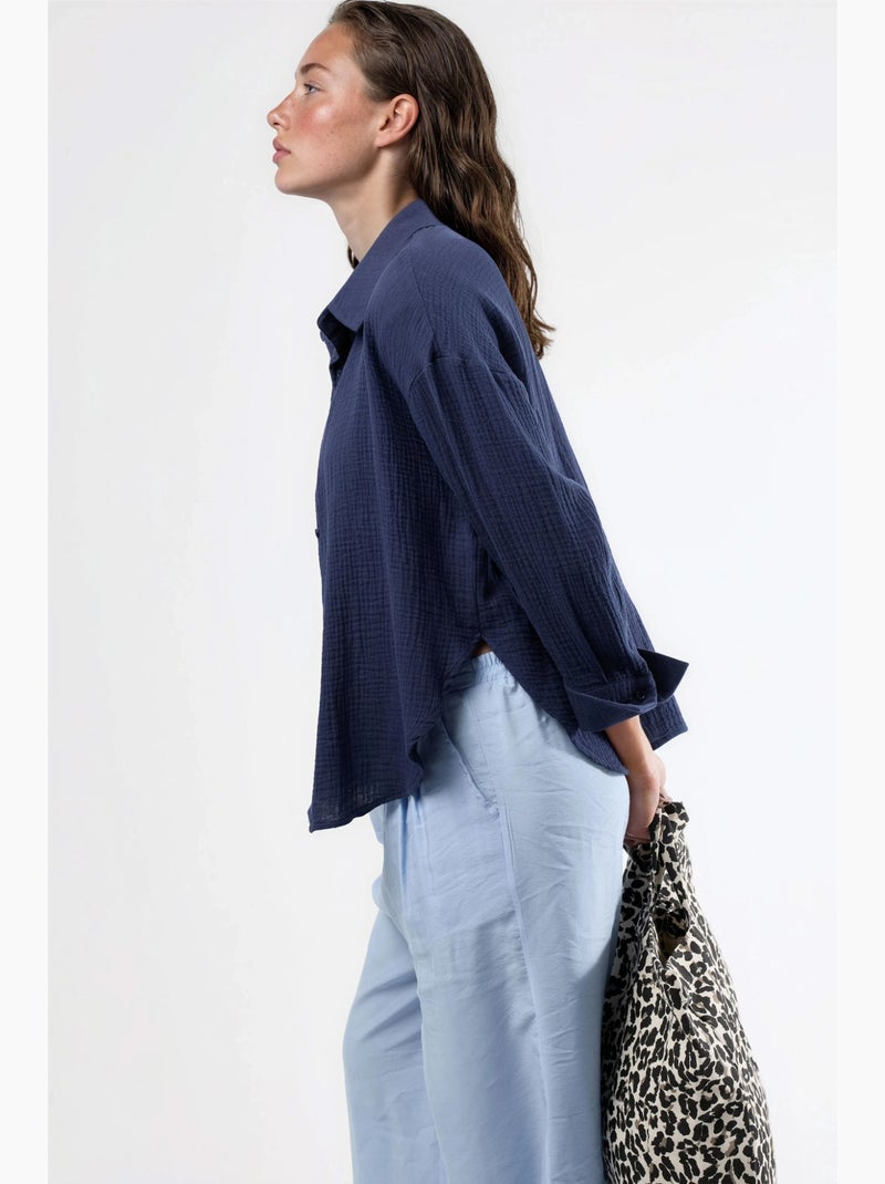 Camisa con botones de algodón texturizado busem Azul marino - Kiabi