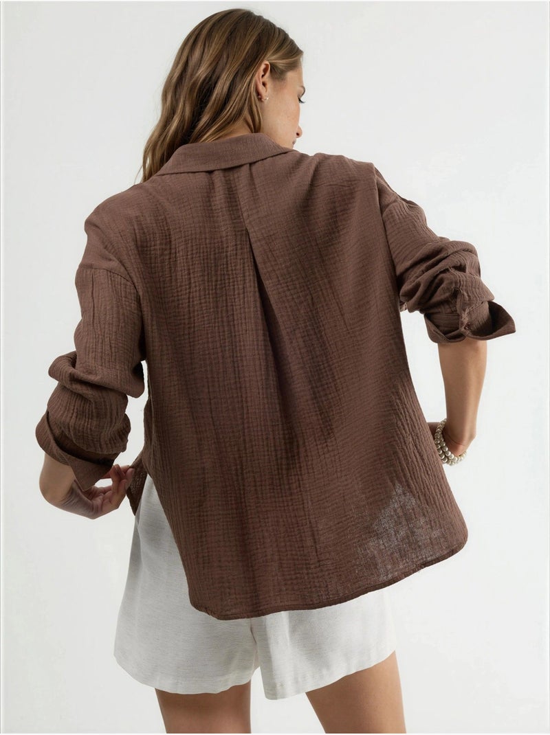 Camisa con botones de algodón texturizado busem Marrón - Kiabi