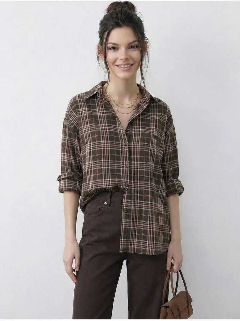Camisa con botones de cuadros de corte relajado lucci Marrón chocolate - Kiabi