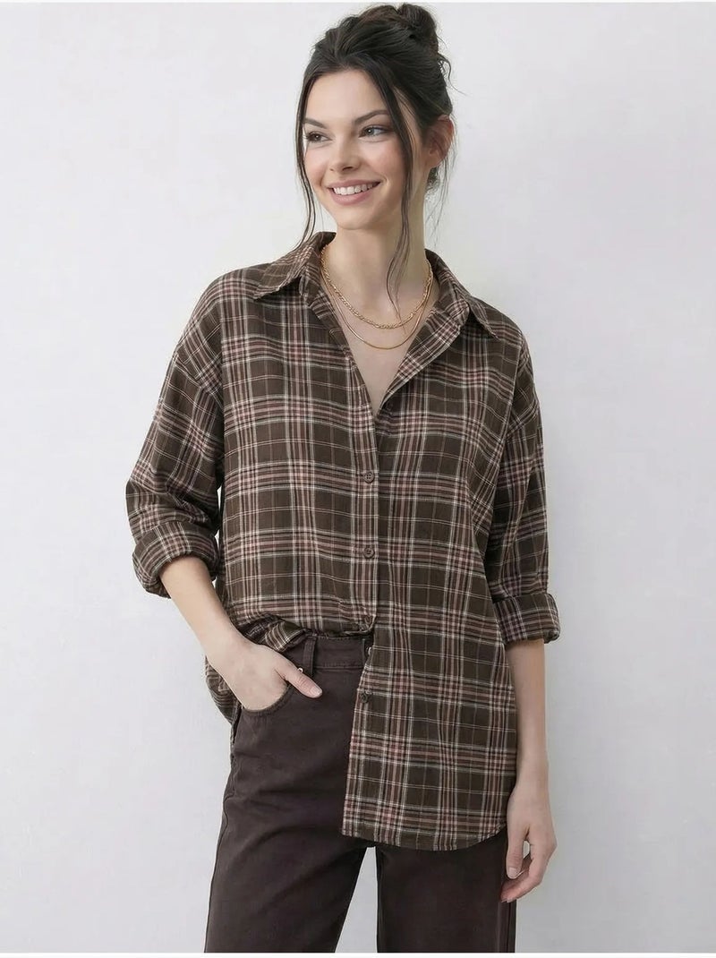 Camisa con botones de cuadros de corte relajado lucci Marrón chocolate - Kiabi