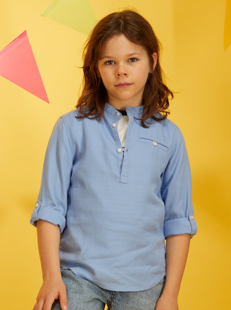 Camisa con cuello mao de lyocell con lino AZUL - Kiabi