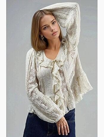 Camisa con lazo y cuello en v de encaje con volantes busem
