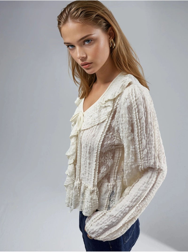 Camisa con lazo y cuello en v de encaje con volantes busem Beige arcilla - Kiabi