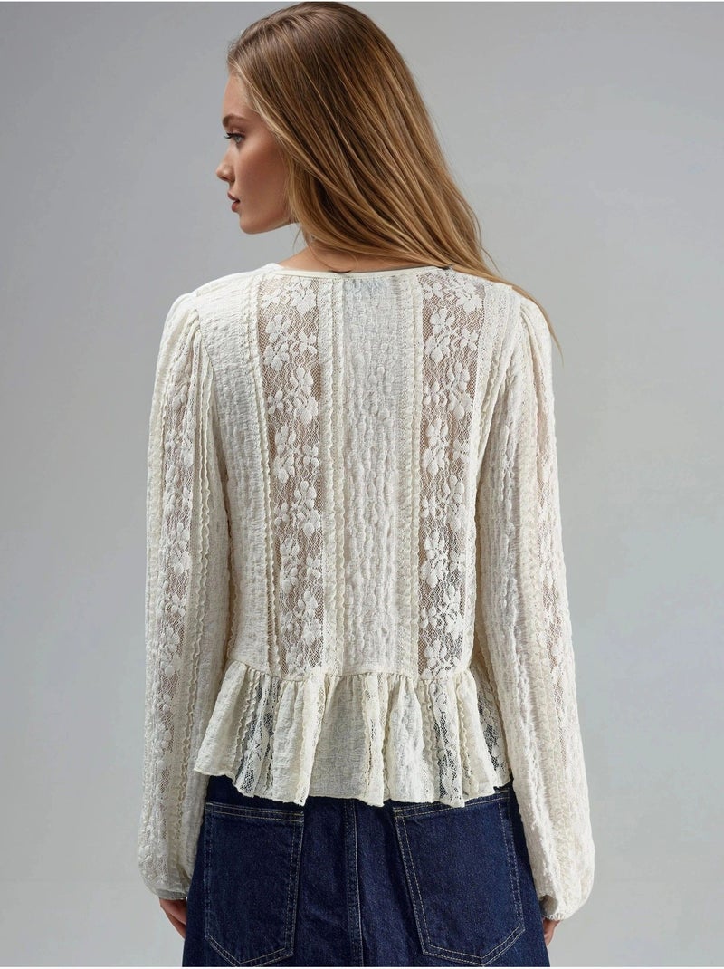 Camisa con lazo y cuello en v de encaje con volantes busem Beige arcilla - Kiabi