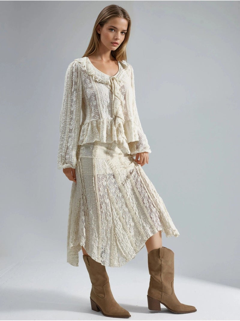 Camisa con lazo y cuello en v de encaje con volantes busem Beige arcilla - Kiabi